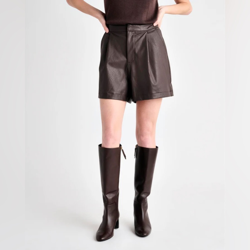 Splendid Brown Vegan Leather High-Waisted Pleated Shorts